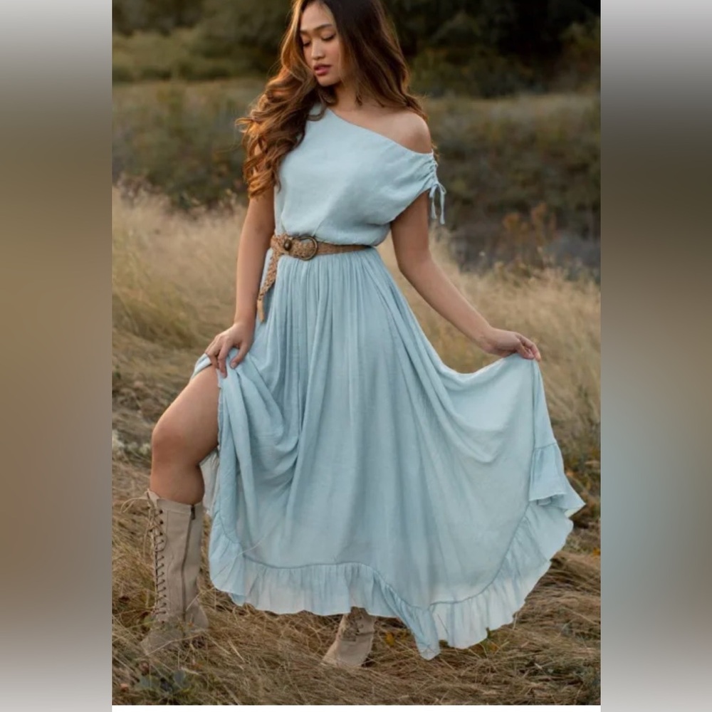 Joyfolie Pale Blue One-Shoulder Gia Maxi Dress size L nwt